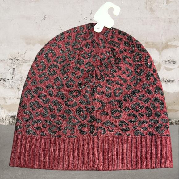 Michael Kors NWT Leopard Sparkle Print Burgundy Beanie - Picture 2 of 4
